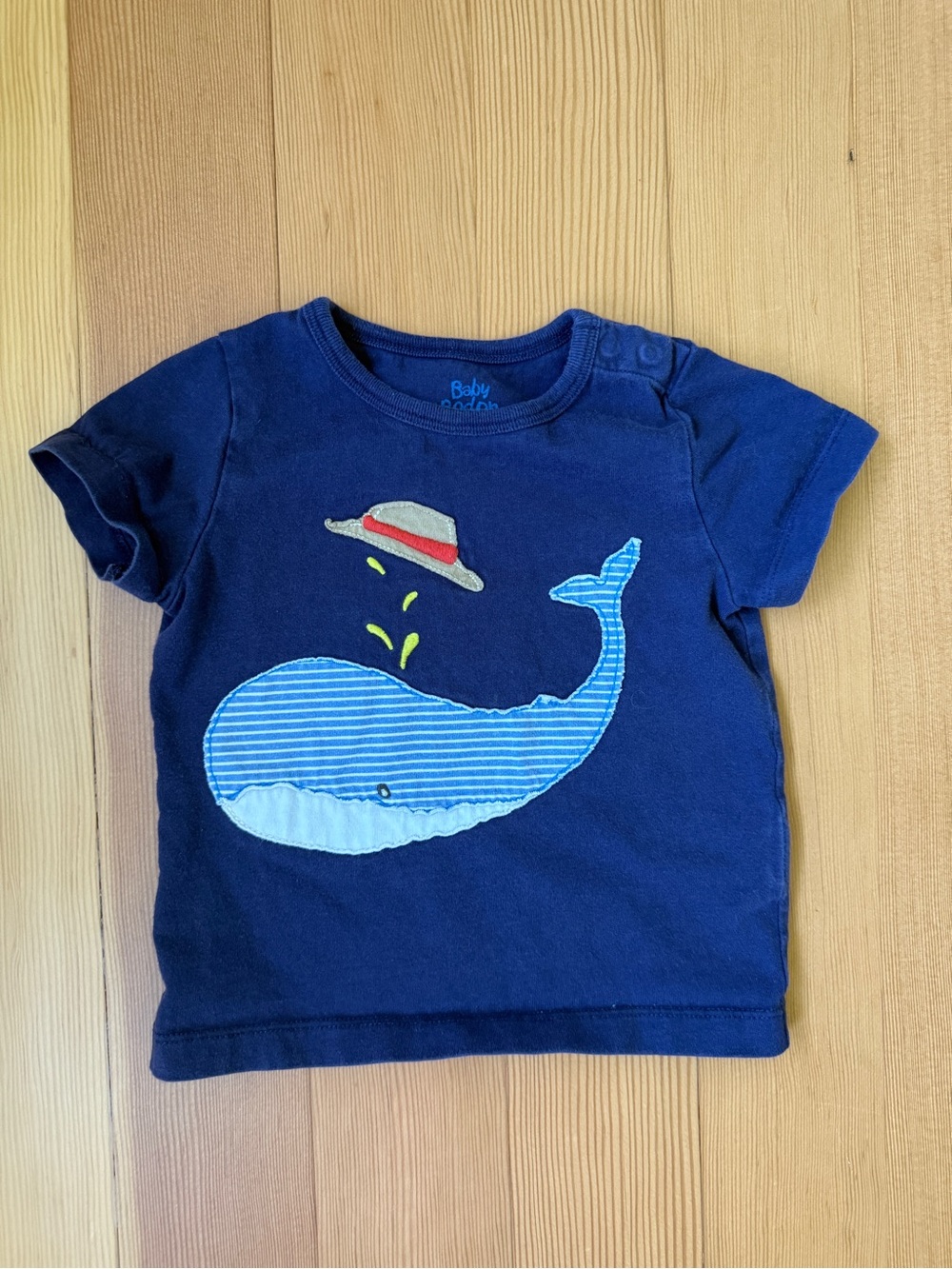 Baby Boden Navy Tee with Blue Striped Whale Appliqué